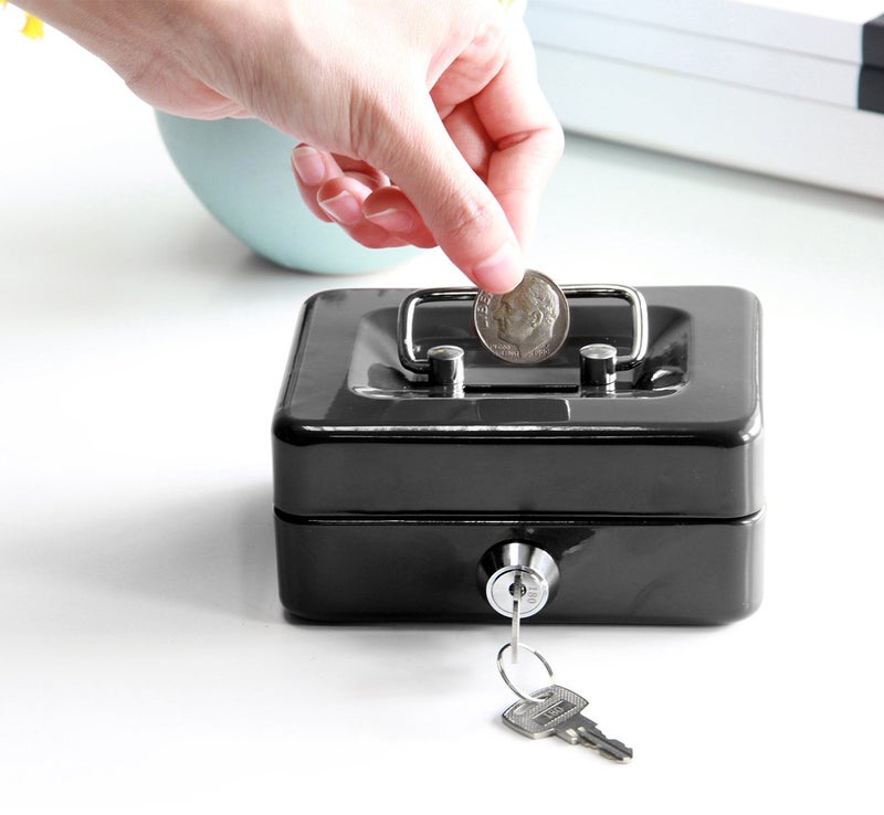 Jssmst Small Cash Box with Lock and Slot - Jssmst Metal Coin Bank Small Lock Box, Black(SMCB0301N) - Image 3